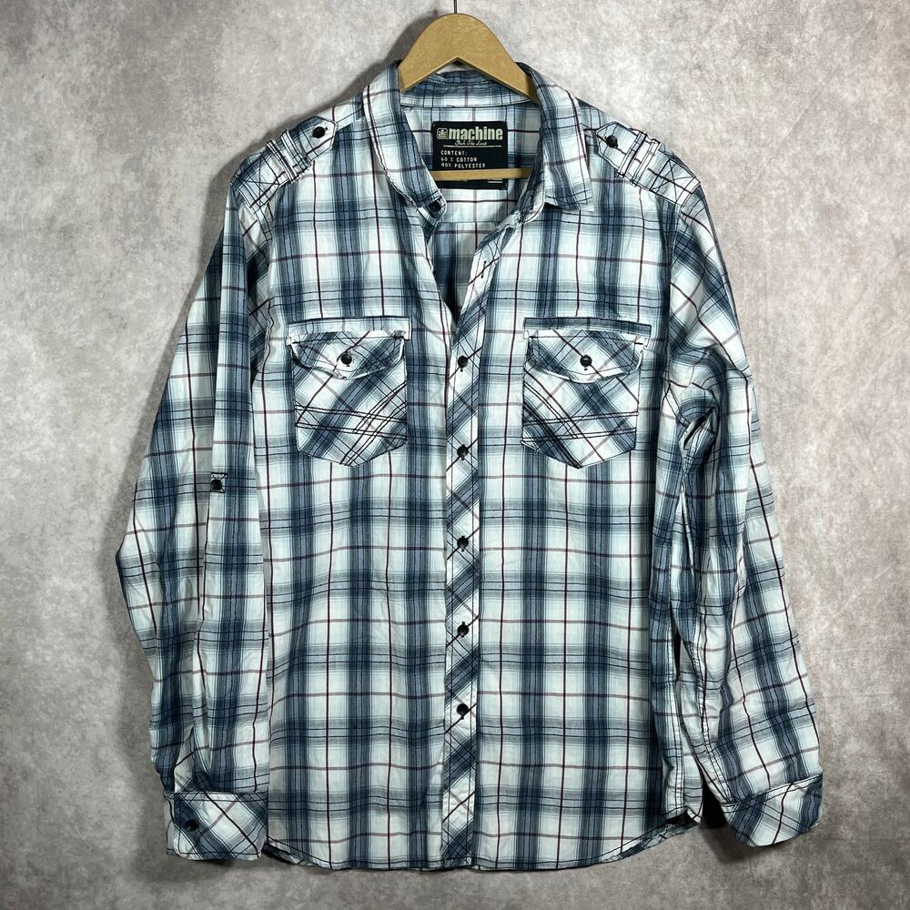 Machine Shirt Mens XL White Gray Long Sleeves‎ Button Casual Pockets Streetwear